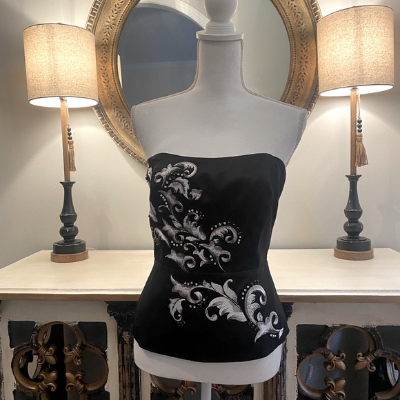 White House Black Market Black Satiny Strapless Top Evening Beaded size 6 - Picture 1 of 6